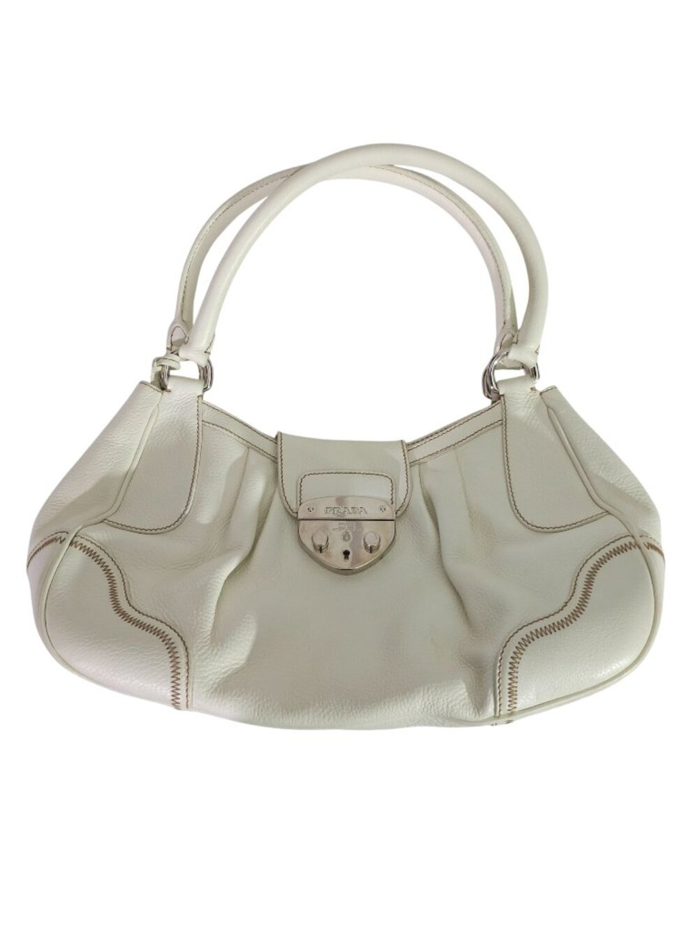 Prada White Leather Shoulder Bag Vitello Daino Leather Hobo Contrast Stitching